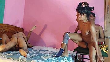 Lucky guys bang two black babes in hot foursome action.