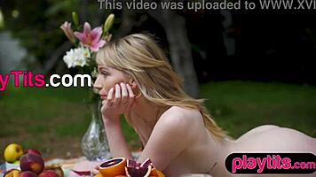 petite blonde babe strips passionately at picnic, revealing big ass outdoors