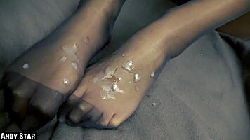 Ebony Girl Gets Cum on Nylon Feet After Footjob