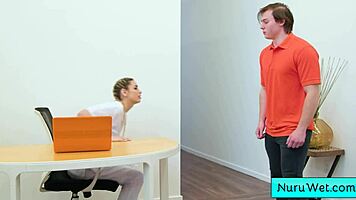 Sexy Teen 18+ Masseuse Delilah Day Covers Naked Body in Nuru Gel, Rubs Against Client Anthony Pierce for Intense Session. Her Pierced Blonde Charm Adds Extra Heat.