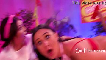 Dkye soaks her strapon at a wild hotdog eating contest.