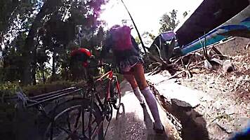 showing off miniskirt upskirt while strolling through the city