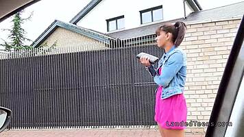 teen with beautiful tits gets banged outdoors in pov, sucking big cock hard