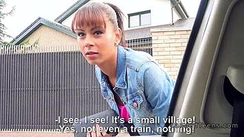 teen with beautiful tits gets banged outdoors in pov, sucking big cock hard