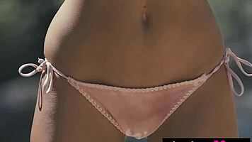 skinny brunette flashes wet pussy