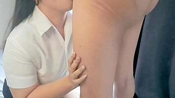 Asian babe in cute costume loves deepthroat and handjob with her amateur boyfriend.