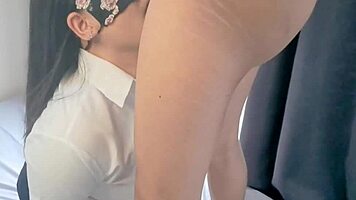 Asian babe in cute costume loves deepthroat and handjob with her amateur boyfriend.