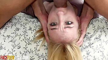 Hot blonde teen 18+ choking on massive cock during rough face fuck
