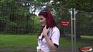 Redhead Football Fan Mia May Picked Up for Public Anal Fuck by German Scout at Viewing