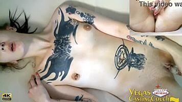 Vegas Starr arrives at the couch, oiled up for glass dildo play and bondage POV