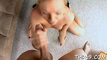 Babe intensely receives stud's hard boner in her face during cumshot competition with pleasure.