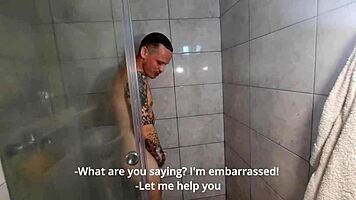 I saw him jerking off in the shower. Couldn't resist joining for deepthroat with my big tits