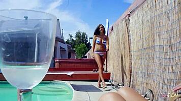 These teen lesbians splash then bang poolside hard