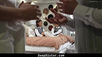 hot school girls aria valencia and vanessa moon play naughty game with stepbrothers 😈