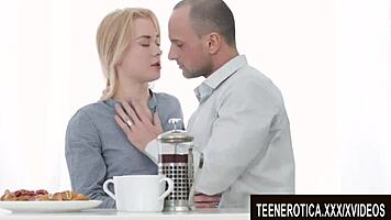 Small breasted blonde babe gives a bj and gets drilled
