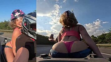 Hot Latina blonde shows giant butt on motorcycle ride along Brazilian highway.