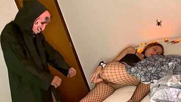 Athletic teen gets anal doggystyle creampie from big cock on Halloween