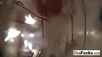 tiny babe elsa jean fingers her hairy pussy!