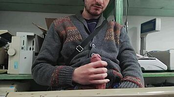 home alone, more like work alone, but my boss is in the other room watching me stroke my big cock