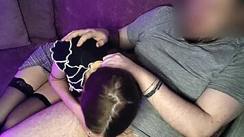 Getting my cock sucked by a stunning brunette in sexy stockings