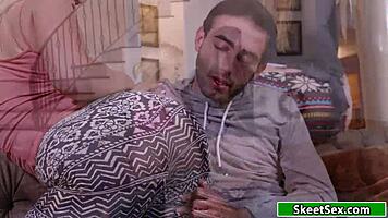 bailey shares her boyfriend with her slutty stepmom in a threesome with deepthroat and blowjob