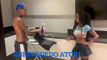 Latina maid provides room service and cleans up mess in hotel