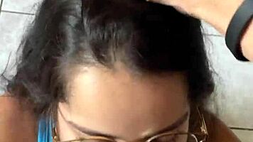 Nerdy brunette with natural tits and brown eyes gives deep blowjob to Wellington Prado's big cock in jeans shorts