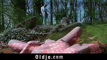 Older Man Gives Blowjob To Horny Teen In Garden