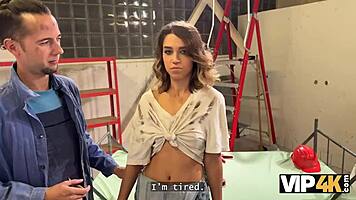 In the workplace, a beautiful teen 18+ experiences multiple orgasms as her boss fucks her shaved pussy outdoors