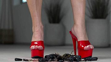 4k hot footfetish crushing fruits with bare feet and high heels, homemade brunette amateurs