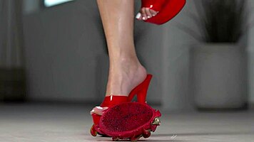 4k hot footfetish crushing fruits with bare feet and high heels, homemade brunette amateurs