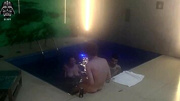 hey, join us for a wild threesome with friends at the motel pool
