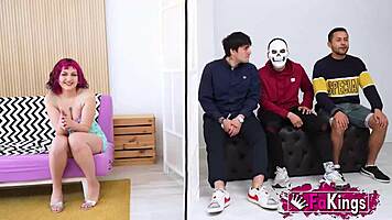 Young Mei, petite with short red hair, instructs three young dudes in a group lesson