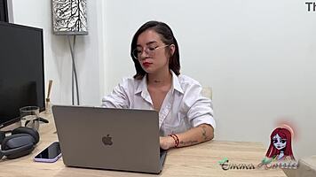 Young Latina Works In Office Using Toys While Chatting With Girlfriend