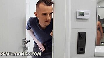 Romy Indy sucks and fingers roommate's cock in bathroom