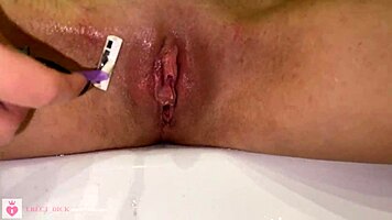 Shaving teen's pussy close-up POV