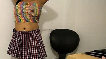 beautiful latina woman riding a pink dildo on camera