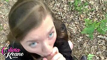 hot teen 18+ gives a steamy pov outdoor blowjob in public