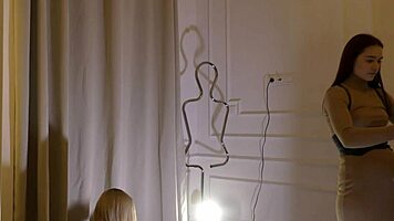 Blonde Petite Girl Interviews Girlfriend In Changing Room