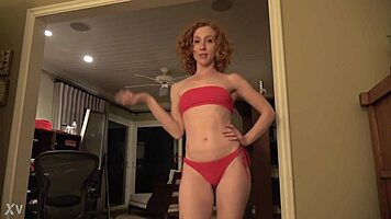 Teen girl in red bikini shows off big ass