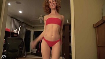 Teen girl in red bikini shows off big ass