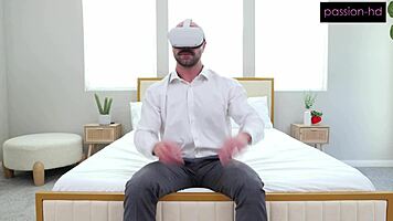 Petite girl lets roommate's boyfriend use her wet cunt for vr game with monster cock.