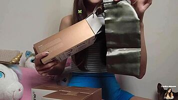 The stepdaughter enjoys double penetration with toys in her bedroom