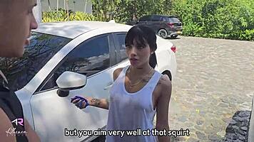 Drenched, sexy colombian shines in car wash fuck