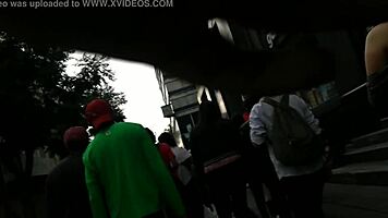 teen latina with tight jeans showing off her curves in a voyeur scene