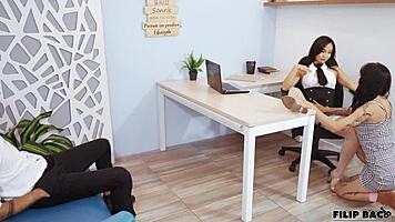 Lesbian boss discovers office affair via cameras and investigates personally