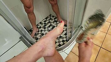 my boyfriend can't resist cumming on my feet in the shower