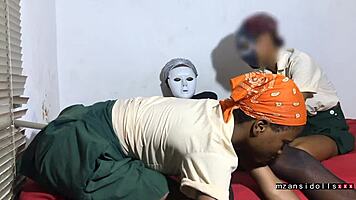 two ebony teens in miniskirts get fucked by their neighbor, showing big clits