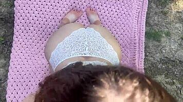 outdoor picnic in forest turns steamy with a sexy dress and raw creampie finish