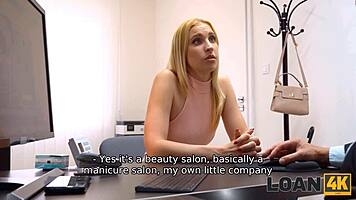 blonde teen with tattoo saves business with pink panties in loan4k interview